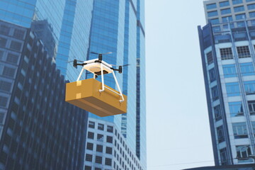 Drone delivering parcel box in urban city, futuristic express delivery, 3D rendering.