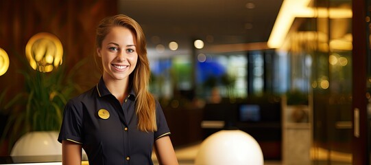 The receptionist or hotel, restaurant smiles welcomingly, in the background living room, hotel lobby waiting room
