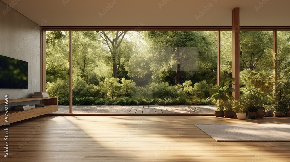 Poster 3d rendering of a living room with a large window overlooking a natural view.