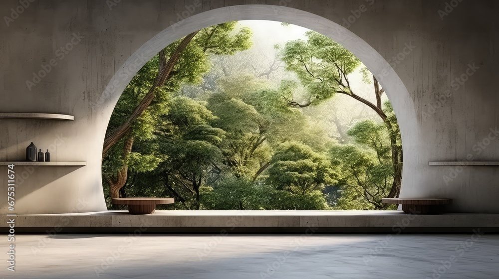 Poster 3d rendering of a living room with a large window overlooking a natural view.