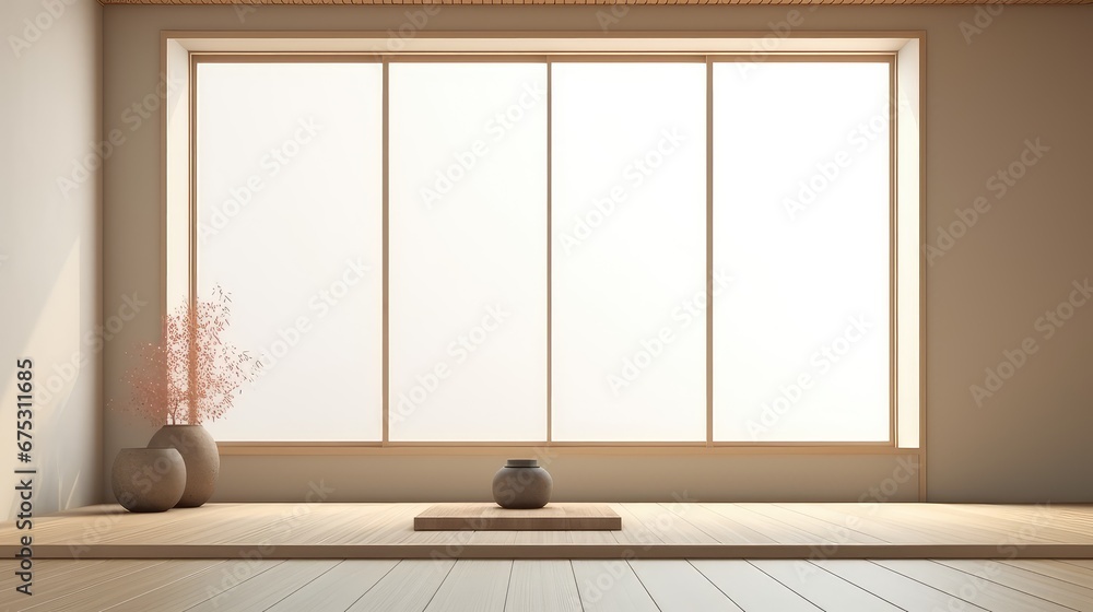 Poster 3d rendering of a living room with a large window overlooking a natural view.