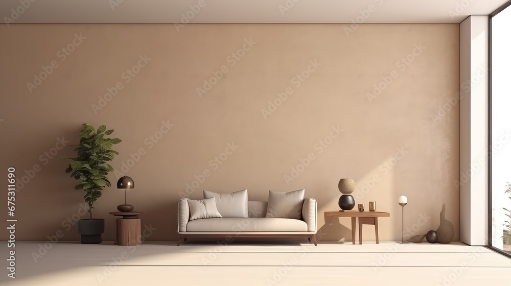 Poster 3d rendering of a living room with a large window overlooking a natural view.