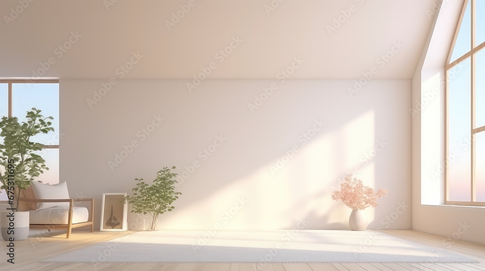 Poster 3d rendering of a living room with a large window overlooking a natural view.