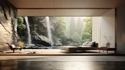 3D rendering of a living room with a waterfall view background.