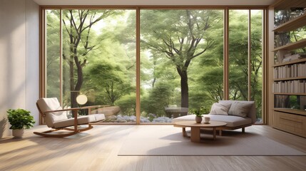 3D rendering of a living room with a large window overlooking a natural view.