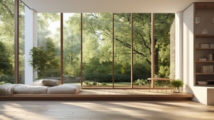 Naklejka premium 3D rendering of a living room with a large window overlooking a natural view.
