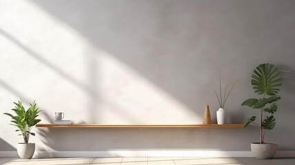 3D interior rendering of a potted plant and a built-in wooden storage cabinet in the living room 