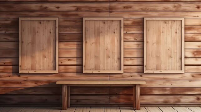 3D rendering of an empty picture gallery border on a wooden wall.