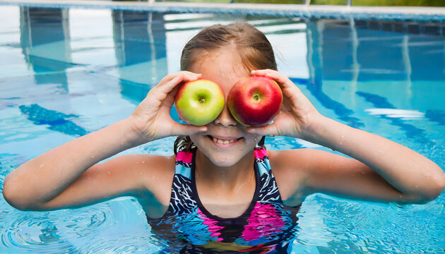 Schwimmkurs, kind, Äpfel, gesunde, ernährung, lifestyle, pool, neu, 