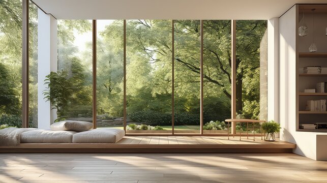 Fototapeta 3D rendering of a living room with a large window overlooking a natural view.