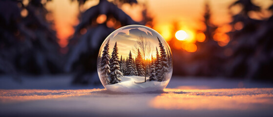 Winter landscape with snowy spruce trees at in sunset in a snow globe or glass ball, Christmas scene on panoramic background - obrazy, fototapety, plakaty