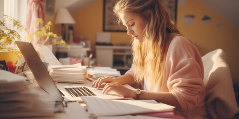 Young student studying at home at the laptop. Concept of the e-learning and working.