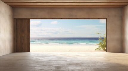 3D rendering of an empty living room with sea view background.
