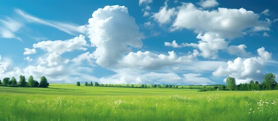 Fototapeta premium In the summer the sky s vibrant blue becomes the perfect background for the lush green grass where white clouds create patterns against the light filled space showcasing the wonders of natur