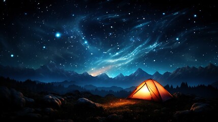 Starry Night Sky Illuminates Solitary Tent in the Serene Mountain Wilderness