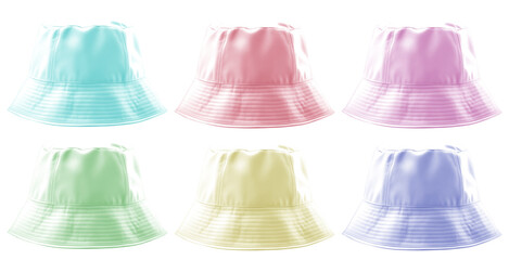 Set of pastel colourful blank bucket fisherman fishing hat on transparent background cutout, PNG file. Many assorted different colours. Mockup template for artwork graphic design  © Sandra Chia