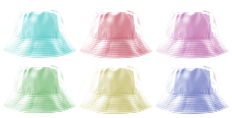 Set of pastel colourful blank bucket fisherman fishing hat on transparent background cutout, PNG file. Many assorted different colours. Mockup template for artwork graphic design
