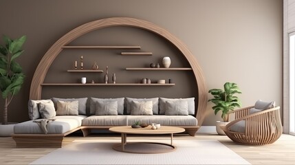 3D rendering of a cozy living room with a potted plants, and the wooden arch on wall.
