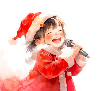 サンタクロースのコスプレで歌を歌う小さな女の子