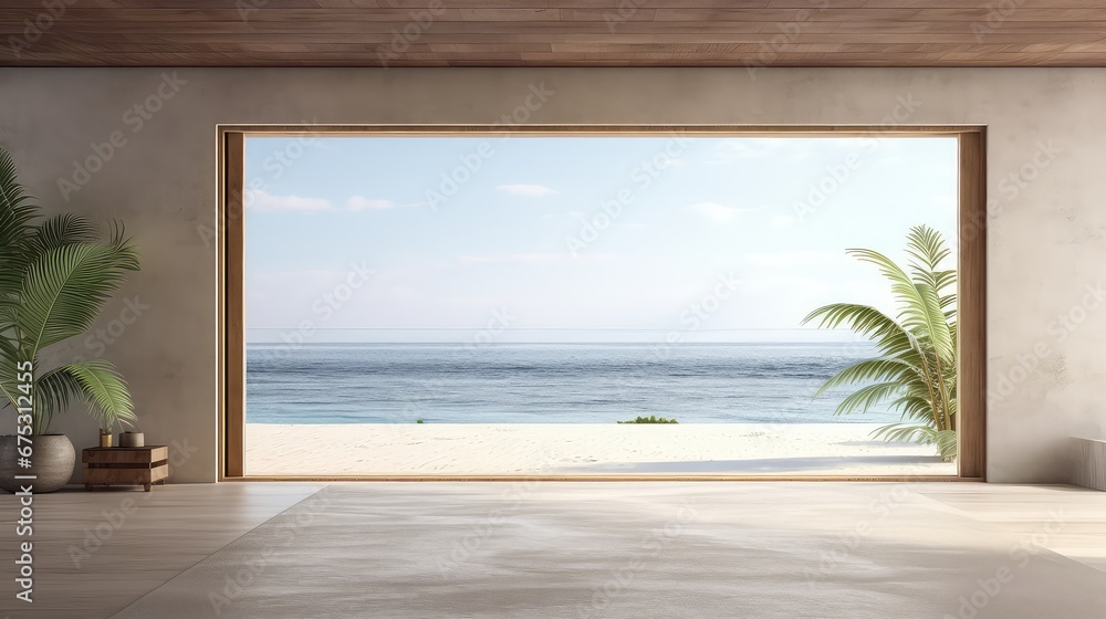 Poster 3d rendering of a spacious living room with a large window overlooking the sea.