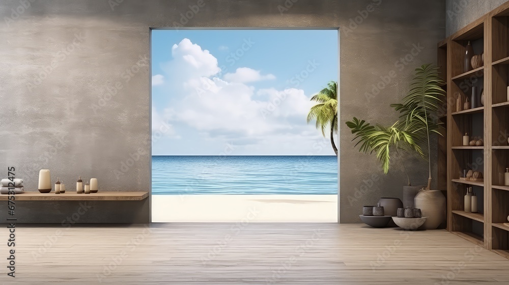 Poster 3d rendering of a spacious living room with a large window overlooking the sea.