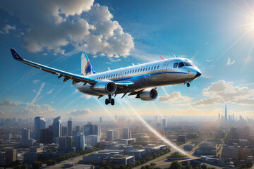 A shiny silver plane comes in to land over the city. Generative AI