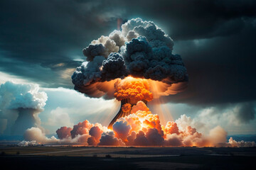 A nuclear explosion of incredible power, rings of smoke, a bright flash. Generative AI