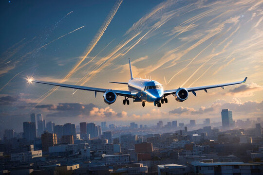 A shiny silver plane comes in to land over the city. Generative AI