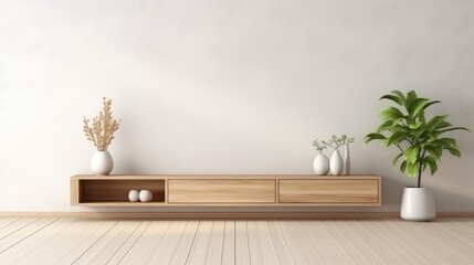 3D interior rendering of a potted plant, built-in wooden shelving on wall in the living room. - obrazy, fototapety, plakaty