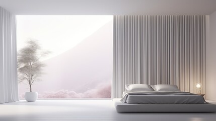 3D rendering interior of a bedroom with a large window overlooking a natural scenery.