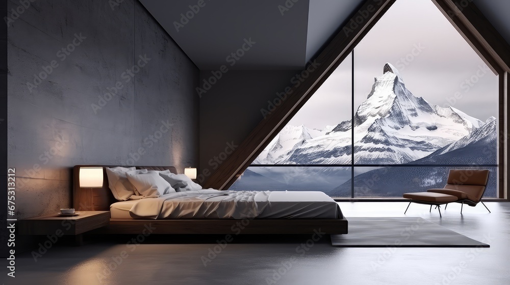 Poster 3d rendering of a bedroom with a snow covered tree view from a large window view.