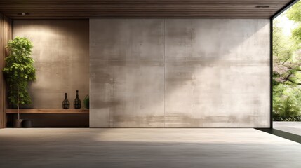 3D rendering interior of a living space with potted plant, natural light and shadow.