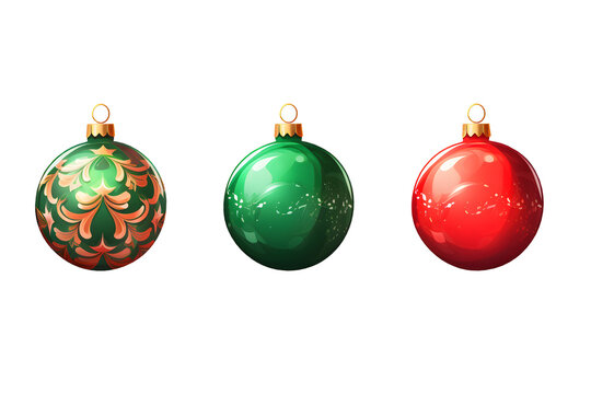 Red, green and golden Christmas tree bauble ornaments illustrations isolated on transparent or white background