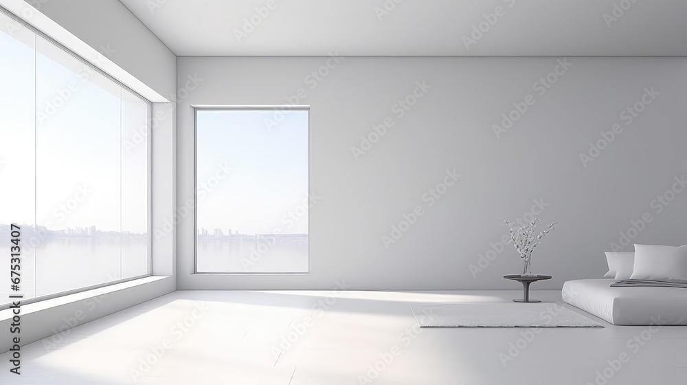 Poster 3d rendering interior of a soft sofa with a large window view in living room.
