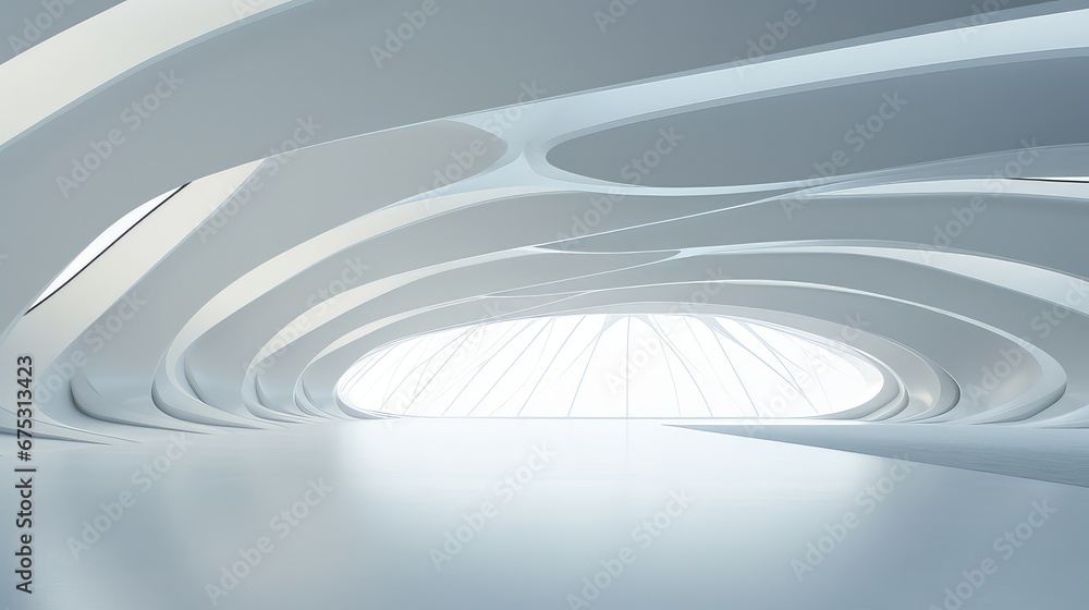 Poster 3d rendering of the empty gallery exhibition with an airy ceiling and window wall overlooking the su