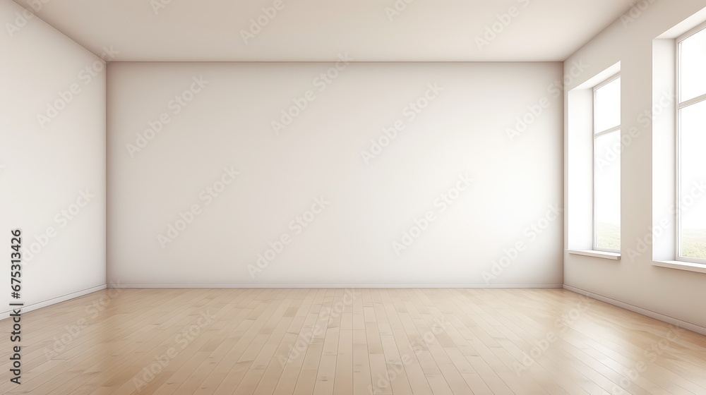 Poster 3d rendering interior of the empty space with a large window view in living room.