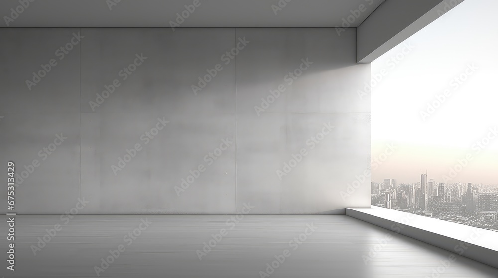 Poster 3d rendering interior of the empty space with a large window view in living room.