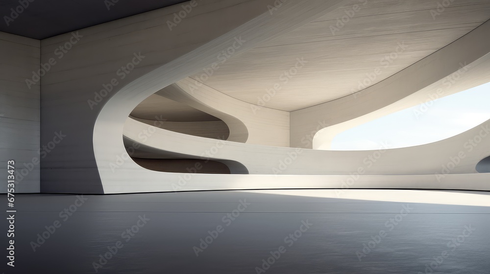 Poster 3d rendering of the empty gallery exhibition with an airy ceiling and window wall overlooking the su