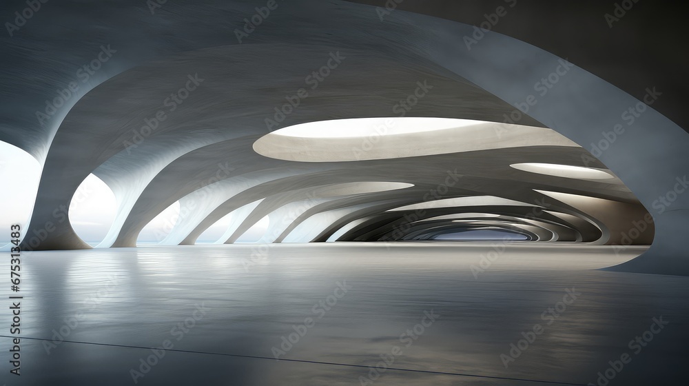 Poster 3d rendering of the empty gallery exhibition with an airy ceiling and window wall overlooking the su