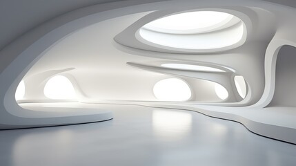 3d rendering of the empty gallery exhibition with an airy ceiling and window wall overlooking the surrounding outside.