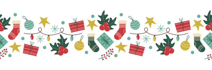 Vector seamless Christmas border Garland holly gifts decorations on a white background