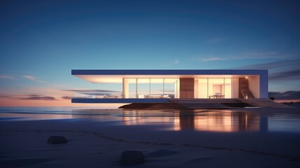Fototapeta premium 3D interior rendering of a modern house is simple in design with a wide front porch and sea scenery.
