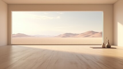 3D rendering of a living room with desert view background.