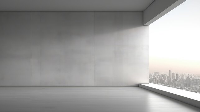 3D rendering interior of the empty space with a large window view in living room.
