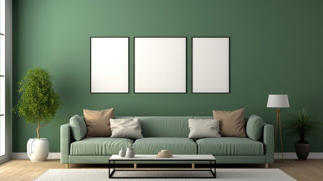 3D rendering interior of a living room with a green upholstery couch on green wall background.