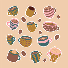 Cozy hot drink cups collection. Coffee beans, hot chocolate, cocoa, tea and coffee cups in warm colors of mustard, terracotta, teal, pink. Isolated vintage design elements. Flat cartoon illustration.
