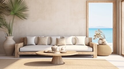 Interior design with 3D rendering of a cushion sofa, potted plant with a sea view from a large window.