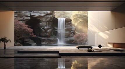 3D rendering of a living room with a waterfall forest background.