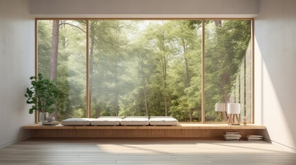 3D interior rendering of a living room natural view from the airy window of a house.