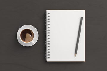 Fototapeta na wymiar Notebook mockup. Blank notebook, coffee and pencil. Spiral notepad on dark wooden desk